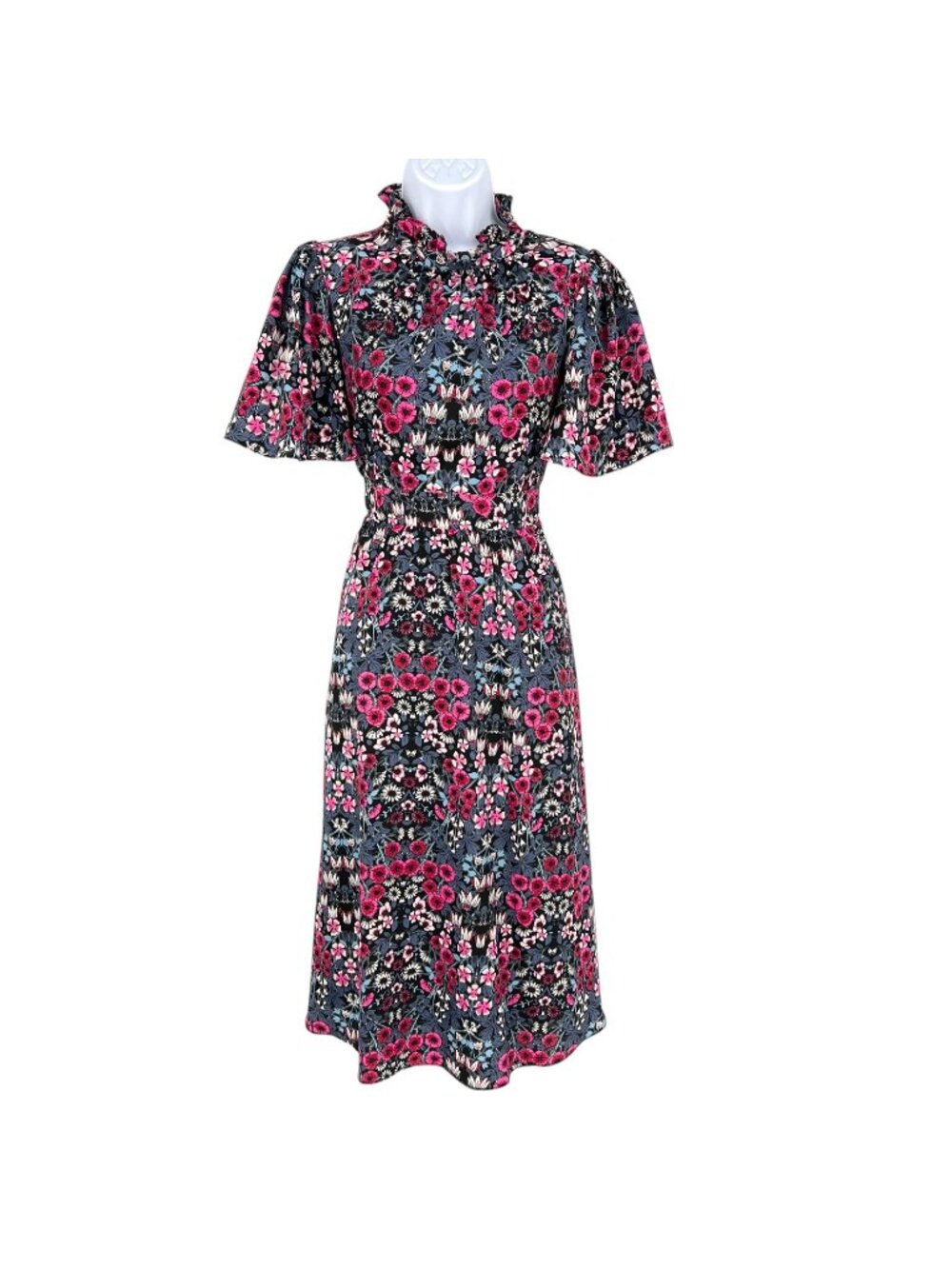 Julia Jordan Floral Ruffle Neck Flutter Sleeve Midi Dress Black Multi Size 2